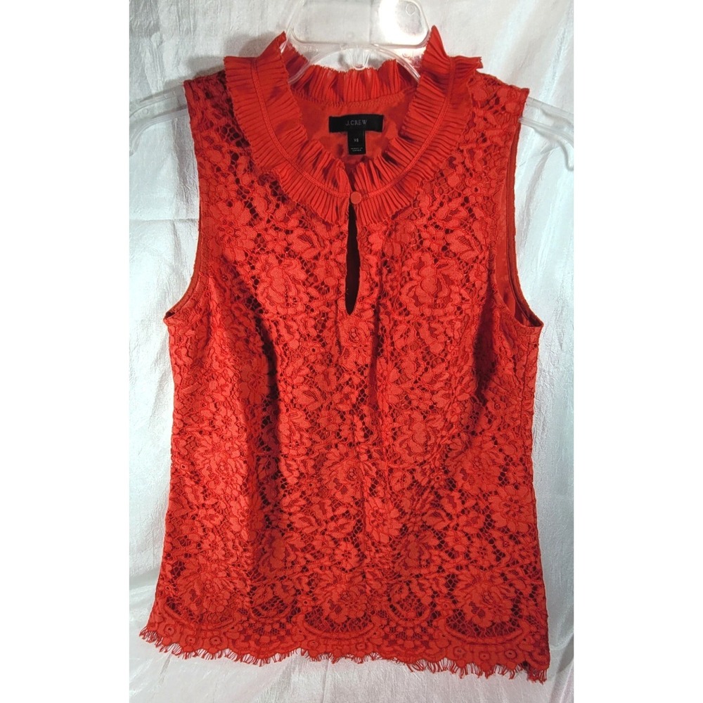 J.Crew Women's Sleeveless Ruffle Neck Lace Overlay Top - Red - Size XS